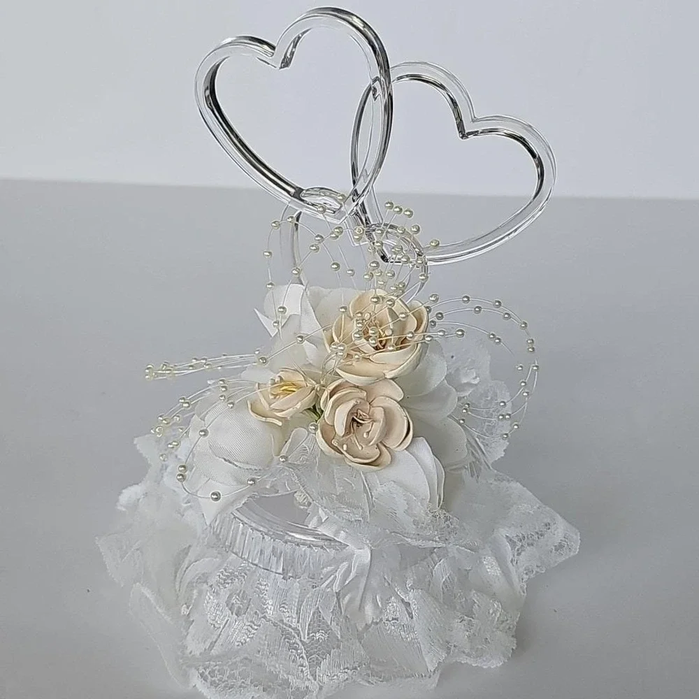 Vintage Wedding Cake Topper Double Heart Acrylic Lace‎ Faux Pearl Bridal Decor